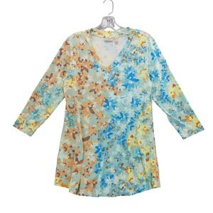 LOGO Lori Goldstein Floral Print V Neck 3/4 Sleeve‎ Top Womens Small